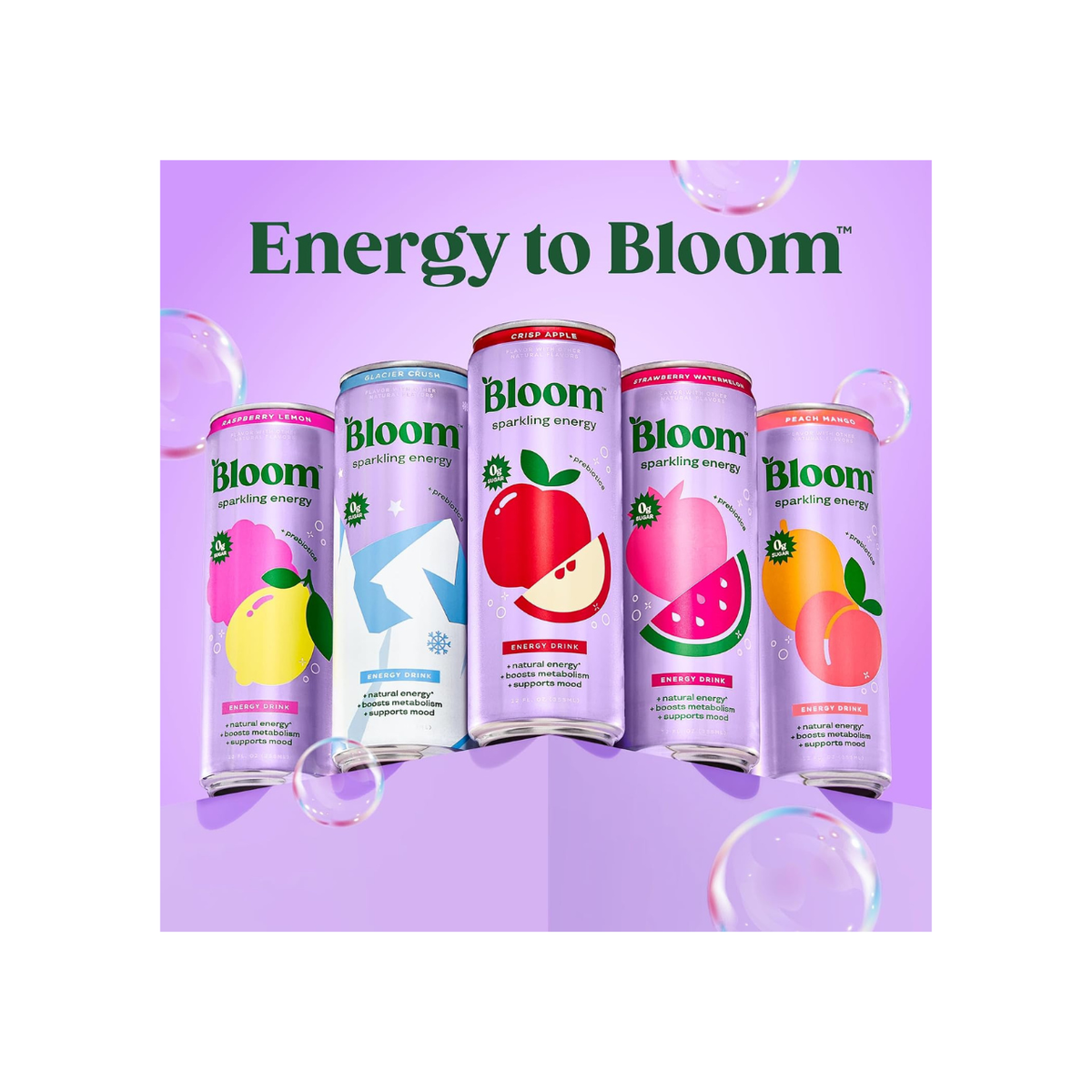 Bloom Nutrition Sparkling Energy Drink – Crispy Apple, 12oz, 12 Pack