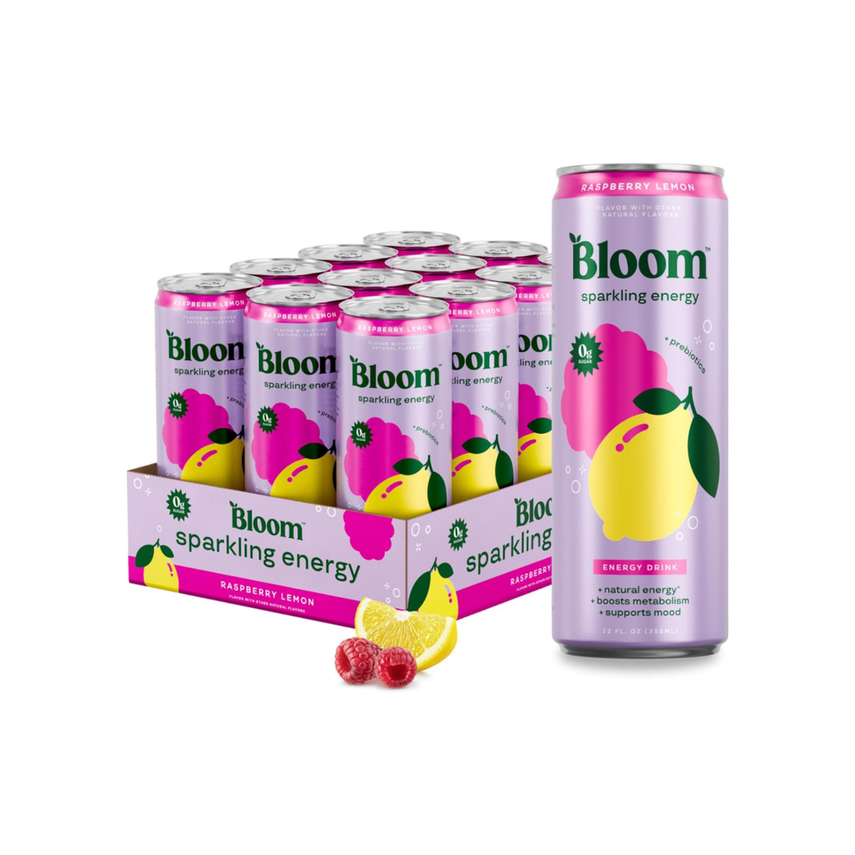 Bloom Nutrition Sparkling Energy Drink – Raspberry Lemon, 12oz, 12 Pack