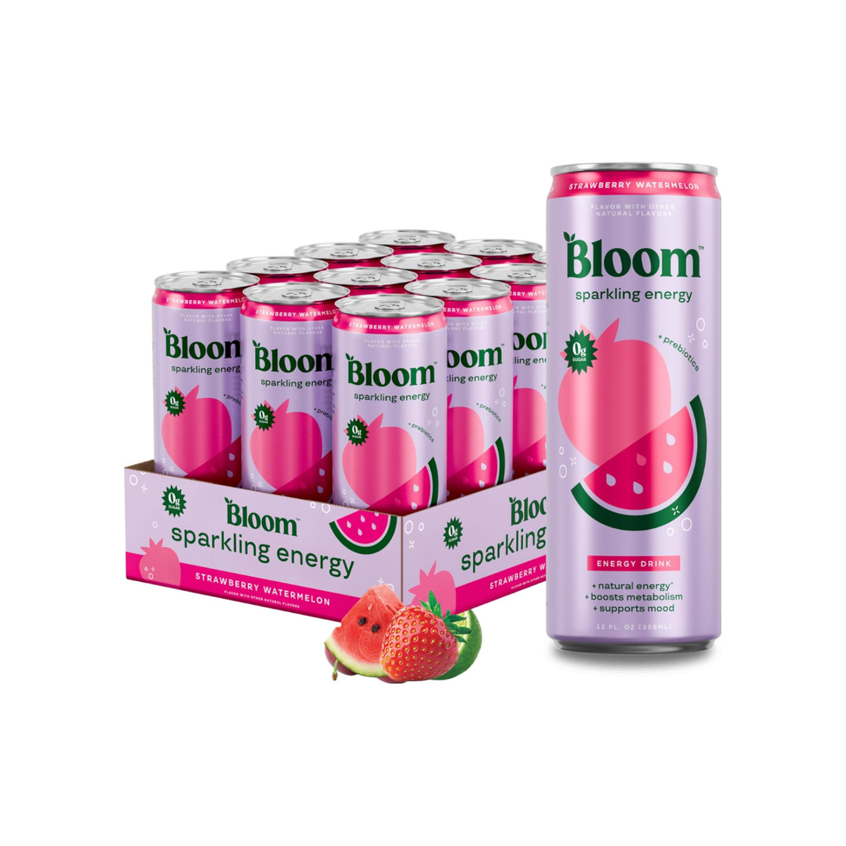 Bloom Nutrition Sparkling Energy Drink – Strawberry Watermelon, 12oz, 12 Pack