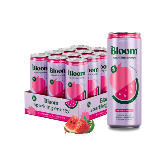 Bloom Nutrition Sparkling Energy Drink – Strawberry Watermelon, 12oz, 12 Pack
