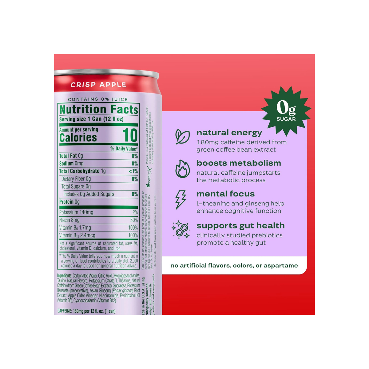 Bloom Nutrition Sparkling Energy Drink – Crispy Apple, 12oz, 12 Pack