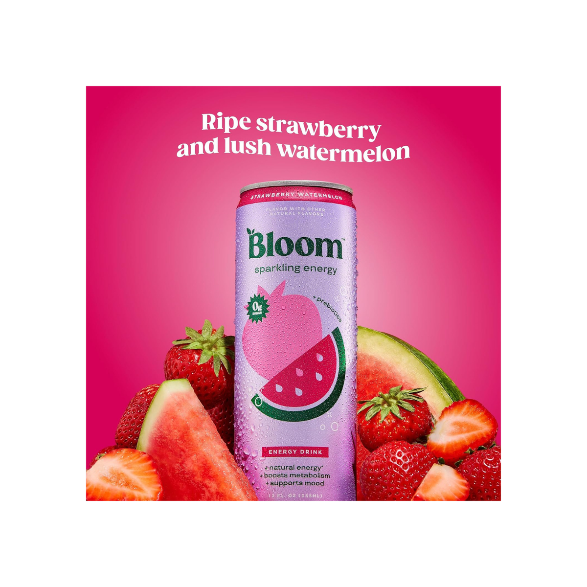 Bloom Nutrition Sparkling Energy Drink – Strawberry Watermelon, 12oz, 12 Pack