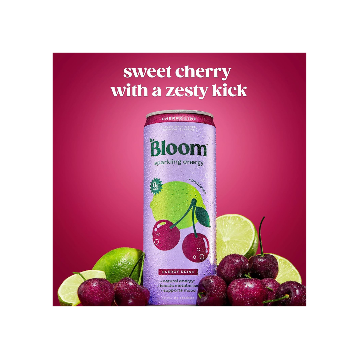 Bloom Nutrition Sparkling Energy Drink – Cherry Lime, 12oz, 12 Pack