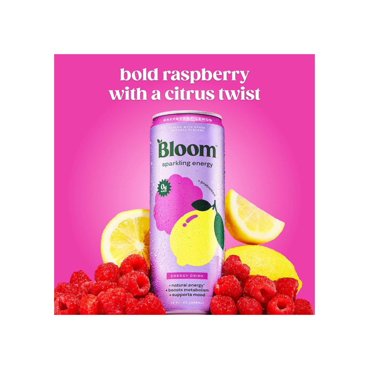 Bloom Nutrition Sparkling Energy Drink – Raspberry Lemon, 12oz, 12 Pack