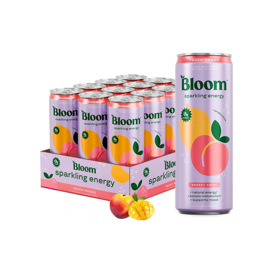 Bloom Nutrition Sparkling Energy Drink – Peach Mango 12oz, 12 Pack