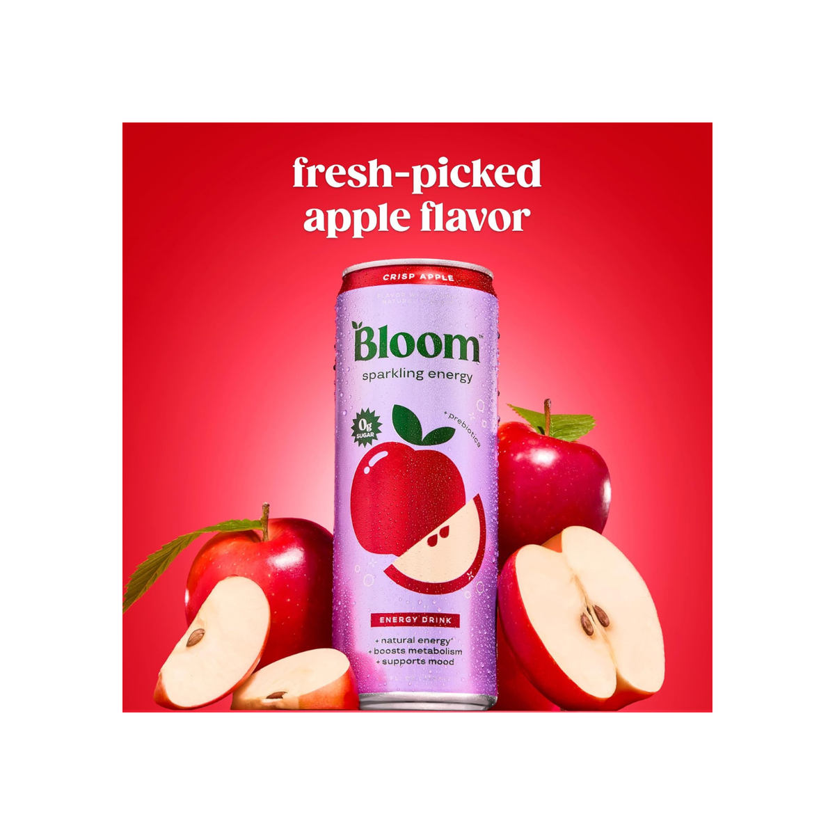 Bloom Nutrition Sparkling Energy Drink – Crispy Apple, 12oz, 12 Pack