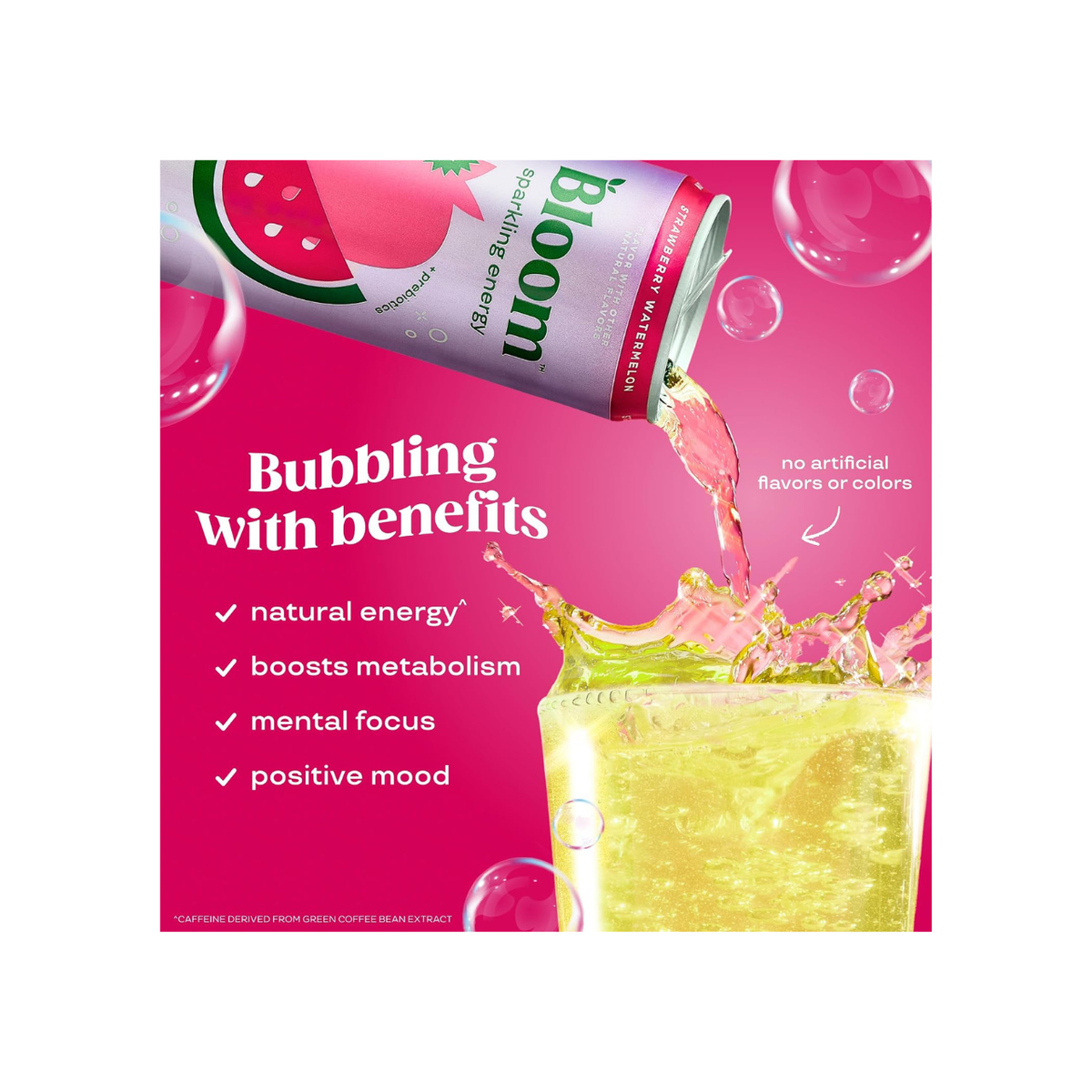 Bloom Nutrition Sparkling Energy Drink – Strawberry Watermelon, 12oz, 12 Pack