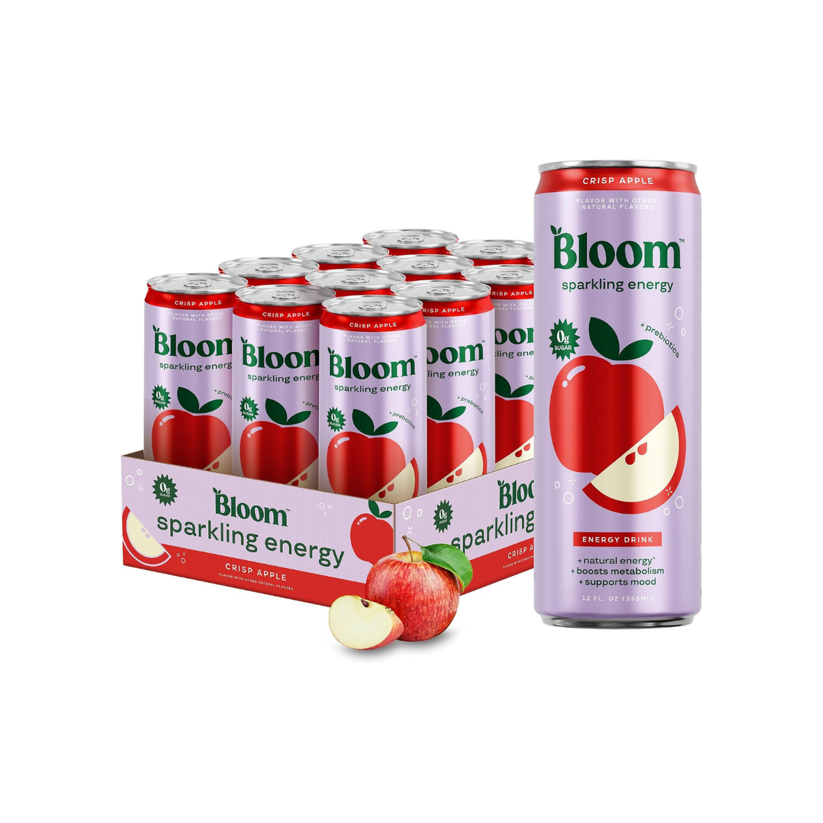 Bloom Nutrition Sparkling Energy Drink – Crispy Apple, 12oz, 12 Pack